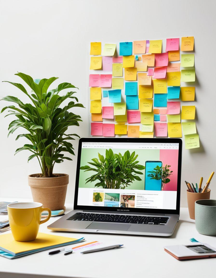 A creative workspace showcasing a laptop with a vibrant personal blog on the screen, surrounded by colorful sticky notes, a coffee cup, and a plant. Include dynamic elements like social media icons and a graph indicating growth. The atmosphere should feel inspiring and digital-savvy. super-realistic. vibrant colors. white background.