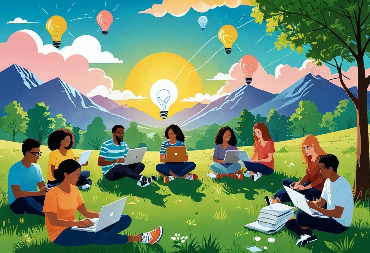 A whimsical landscape depicting a diverse group of people engaged in blogging activities, surrounded by floating tips and ideas represented as light bulbs. In the background, a scenic vista blends digital technology with nature, symbolizing a harmonious online community. The colors are vibrant and inviting, with a sunny sky and lush greenery to represent creativity and collaboration. playful illustrations of laptops, notebooks, and chat bubbles enhance the scene. colorful vector art.